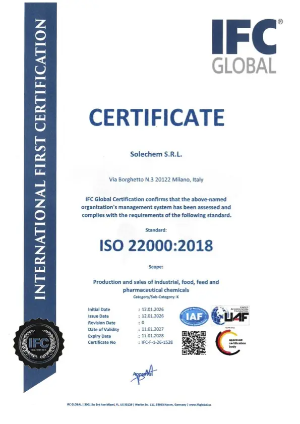 SoleChem ISO 22000 Certificate